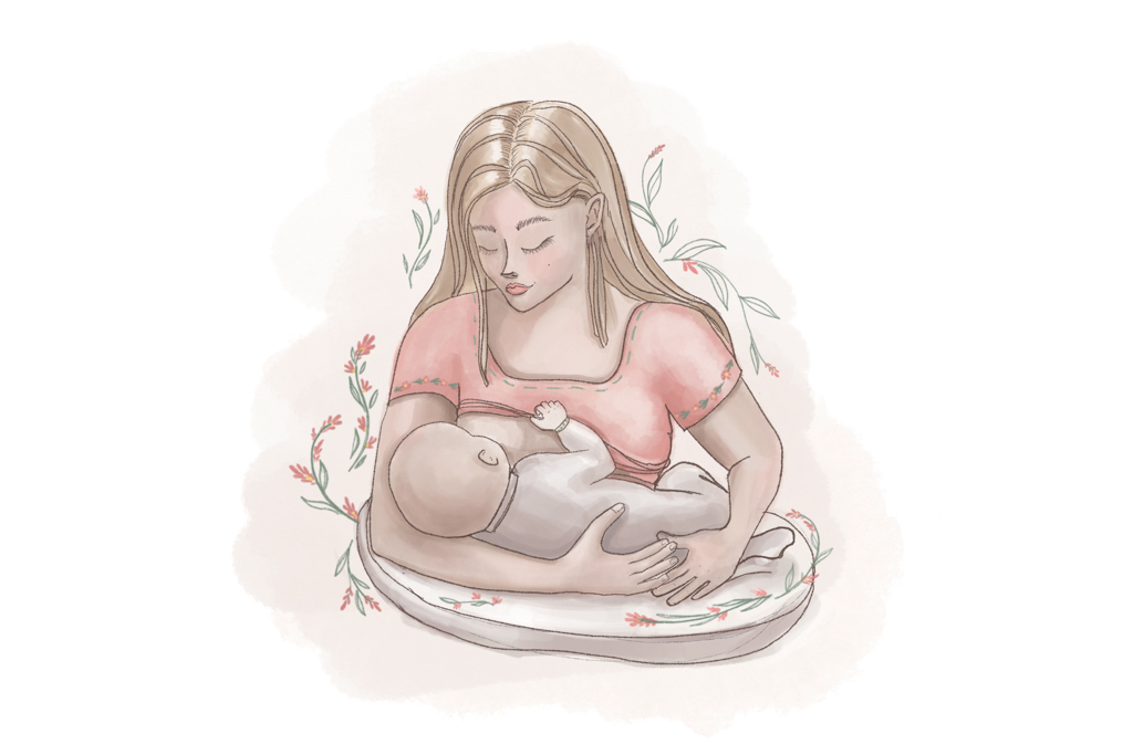 Bild von der wiegeposition. Baby liegt bei Mama im Arm, Bauch an Bauch und stillt. Mamaluja, Stillberatung